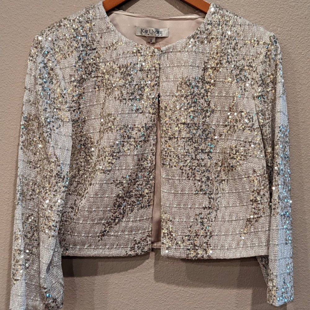 NWT - Kay Unger Silver Sequined Cropped Jacket (Size: 12)